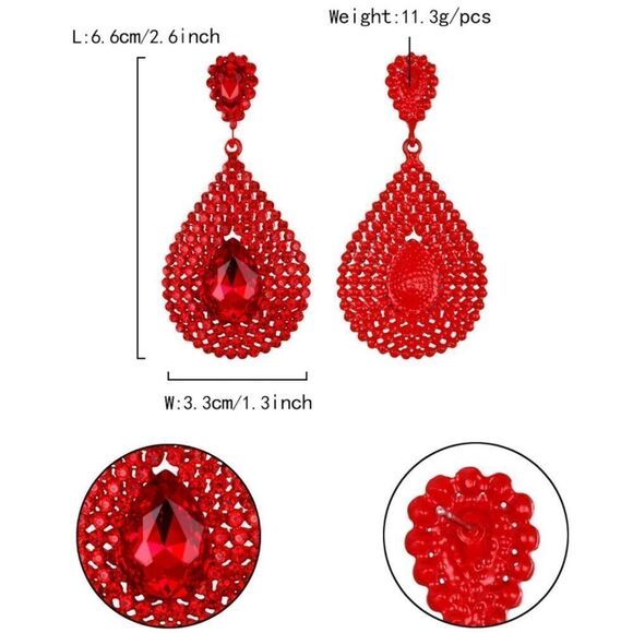 Red with Ruby Red Crystal Hollow Teardrop Chandelier Post Back Drop Earrings - Picture 4 of 4
